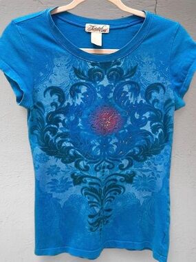 Vintage Y2K Bling Grunge Bright Blue fitted Cap Sleeve Graphic Baby Tee Size XS